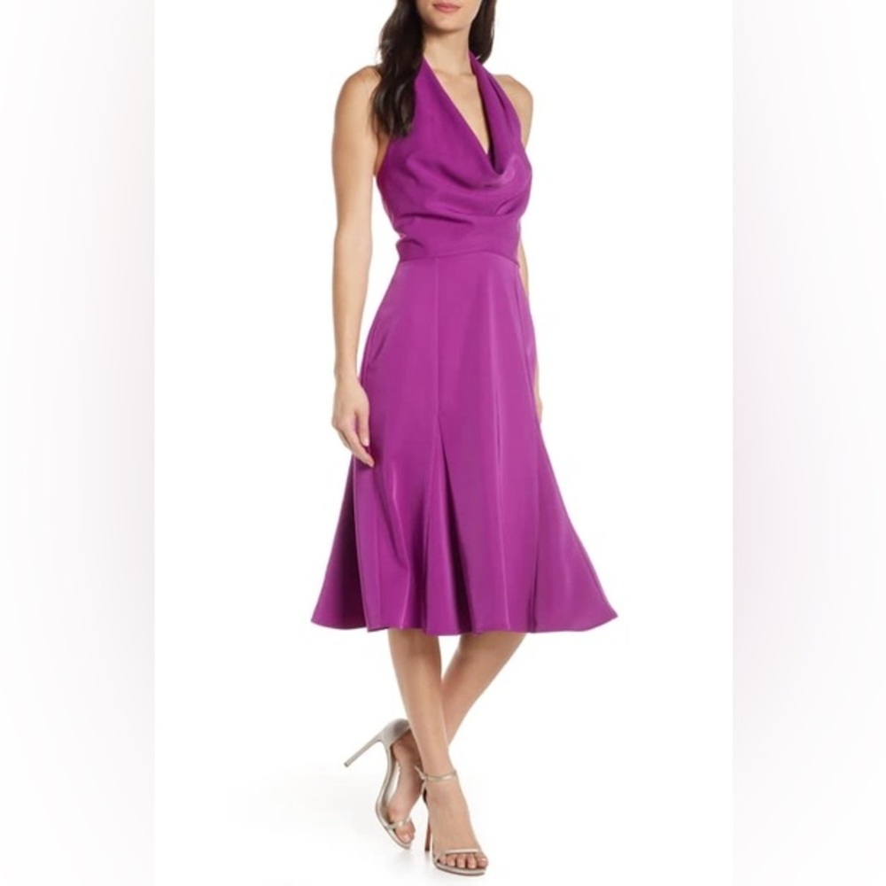 Harlyn - Halter Plunging Neckline Striking Fit & Flare Dress - Purple - XS